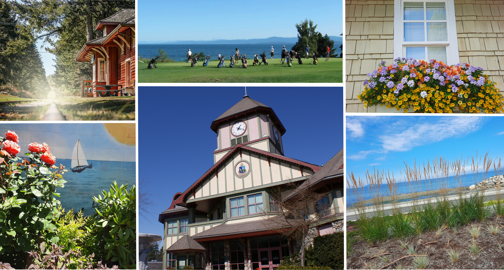 six photos of Town including golf course, flowers, beach, and train station