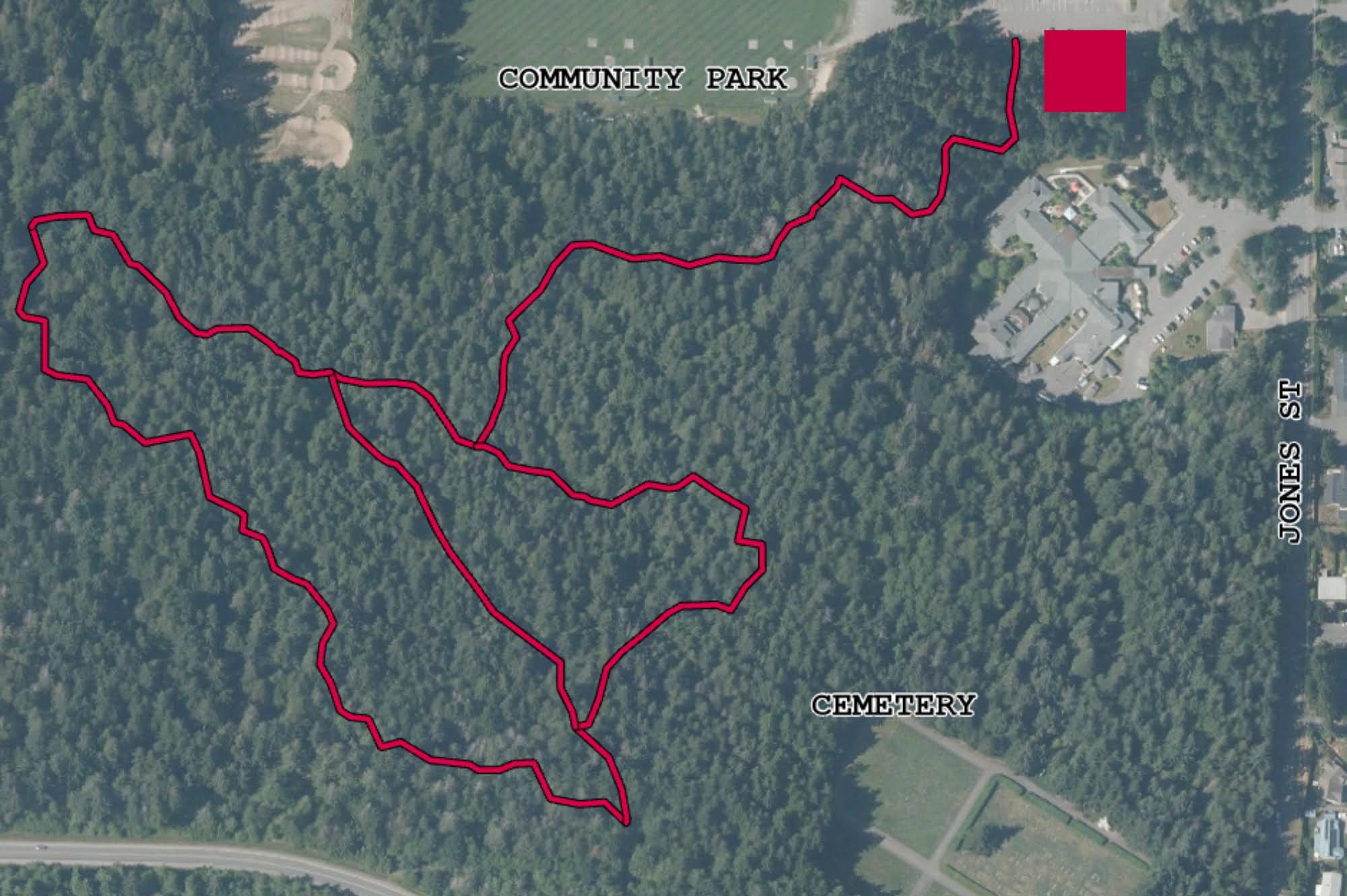 Map of the Community Park near the Civic Centre, highlighting trails designated for off-leash dog exploration.