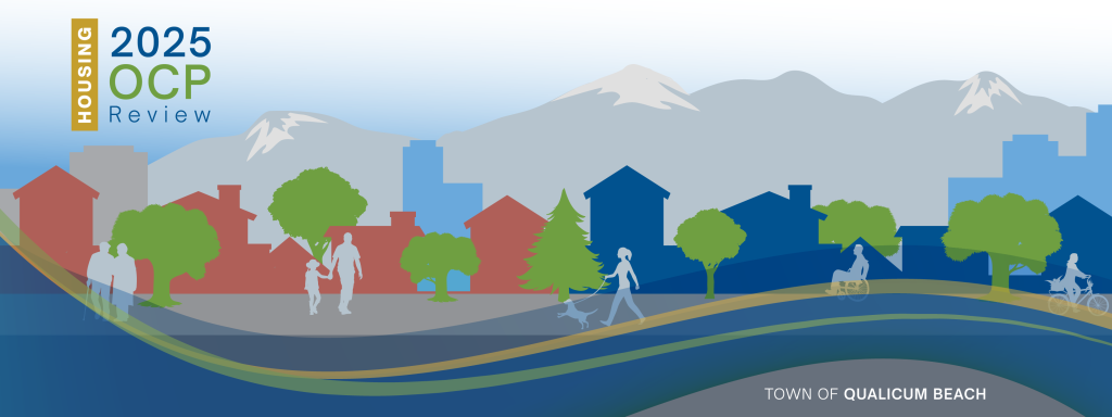 graphic of town scape with diverse housing in the backdrop and people of all abilities walking on the street