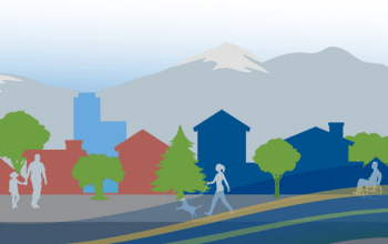 graphic of town scape with diverse housing in the backdrop and people of all abilities walking on the street