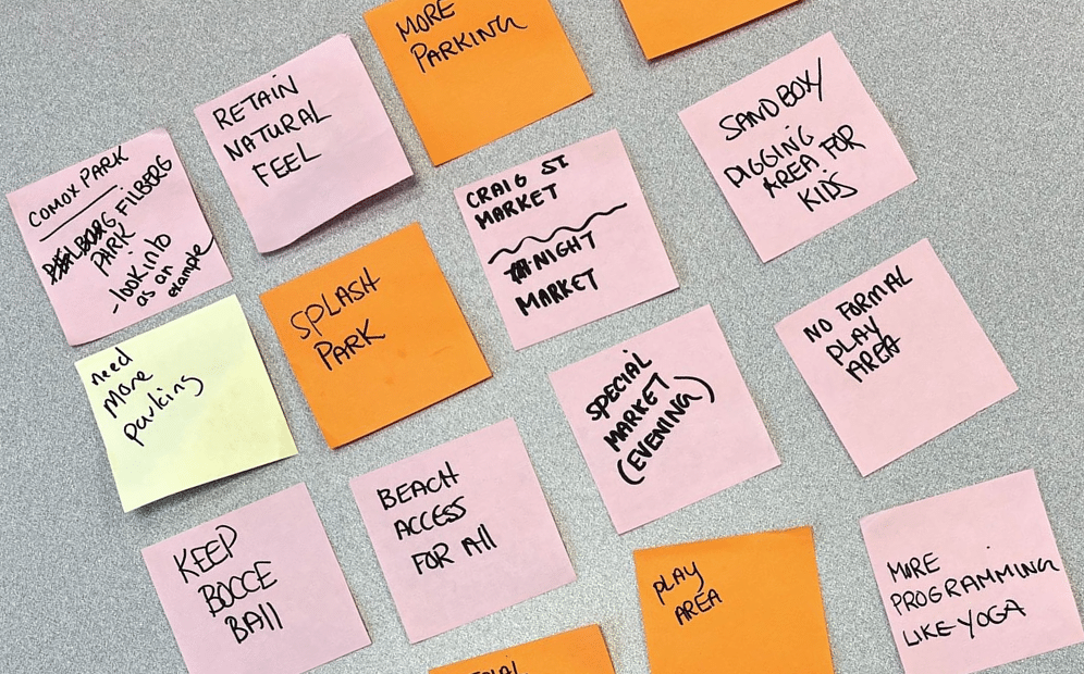 Sticky notes on a table with suggestions for parks, including 