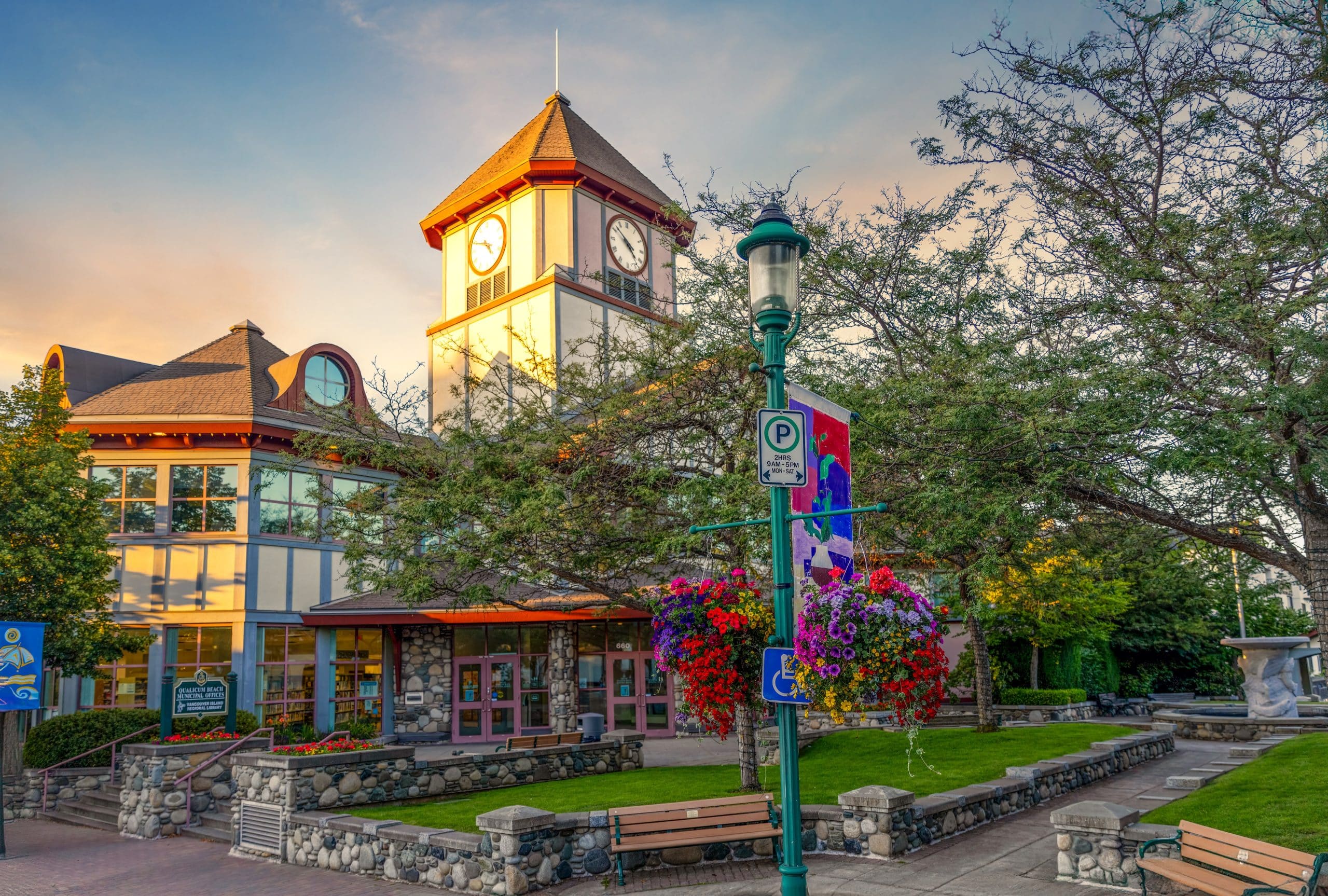 Town of Qualicum Beach Town Hall at sunset