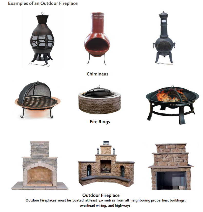 Examples of an outdoor fireplace, including chimineas, and fire rings. Outdoor fireplaces must be located at least 3.0 meteres from all neighbouring properties, buildings, overhead wiring, and highways. 