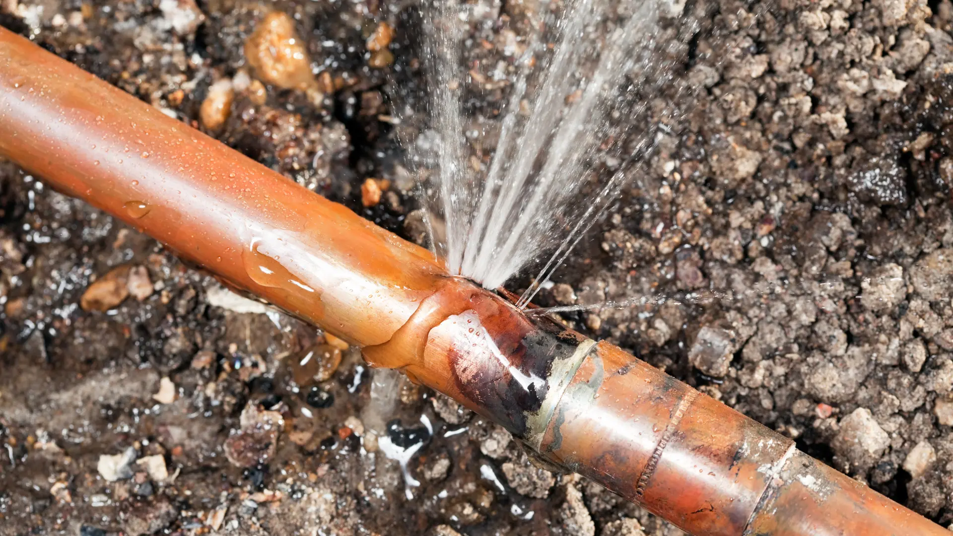 Broken water pipe spraying water.