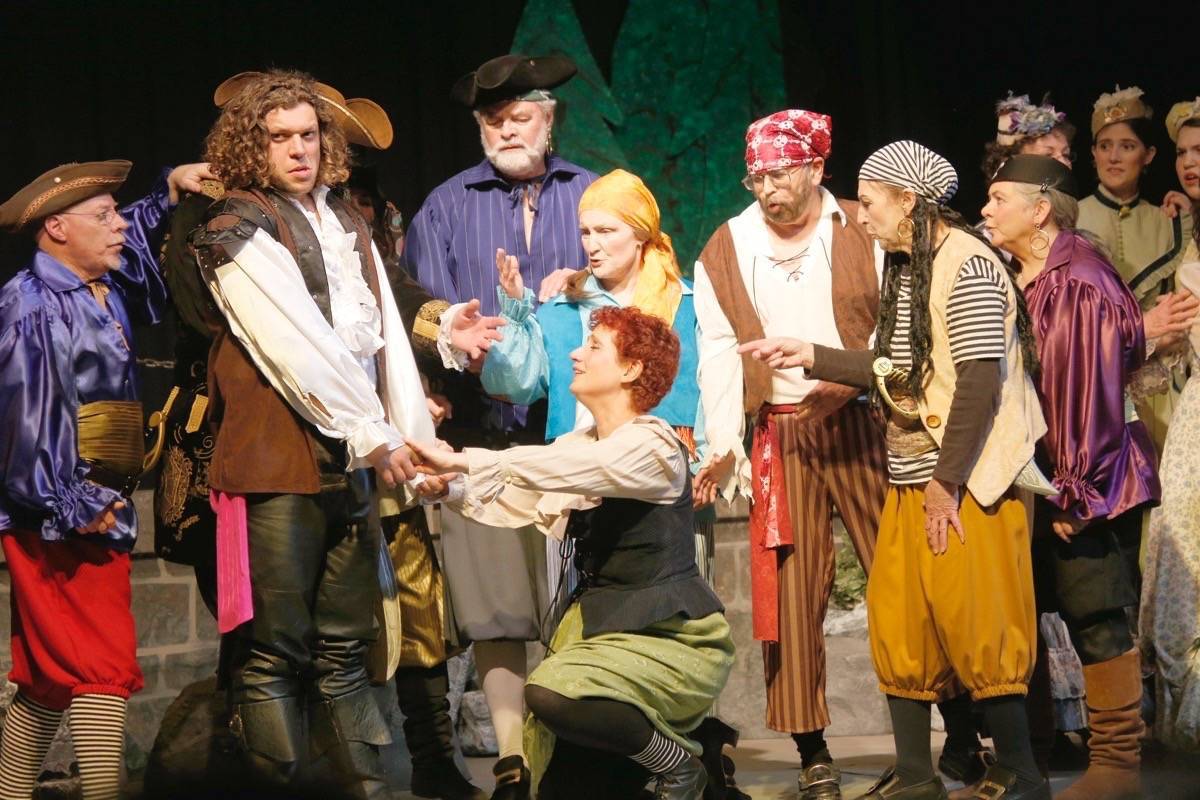 A group of people performing on stage, dressed in costumes and actively engaged in their roles.