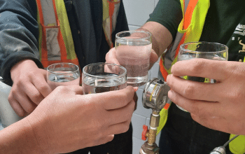 four glasses of water being held up in a toast