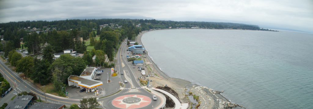 A drone image of the Qualicum Beach waterfront, part of the Waterfront Master Plan.